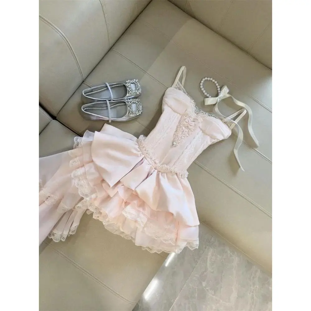 2026 French Princess Sweet Retro Elegant Woman Dress Pink Strapless Design Beach Dress Female Fairy Birthday Party Chic Clothes