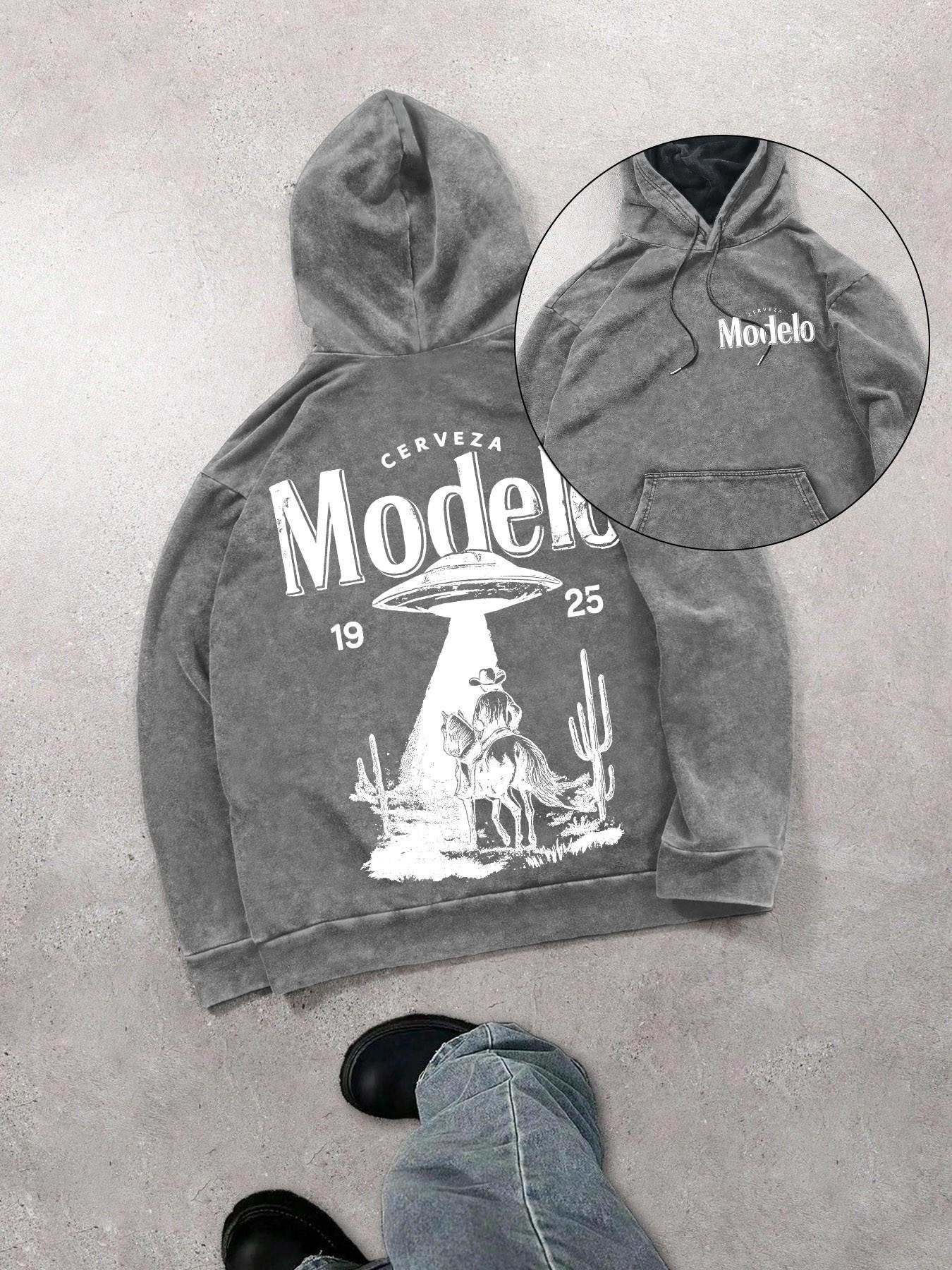 Mexican beer and UFO men's street retro style washed hooded sweatshirt, fashionable and trendy casual long-sleeved hoodie, men's spring and autumn style.