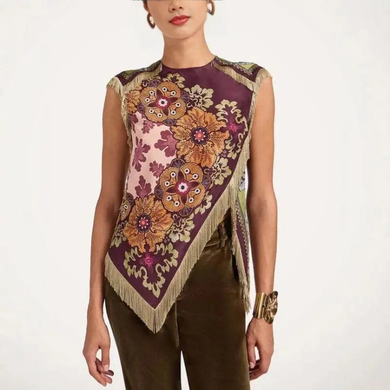 Fashion Floral Print Top With Fringe Trim For Women Vintage O-neck Sleeveless Asymmetric Hem Satin Blouse Lady 2026 Chic Tops