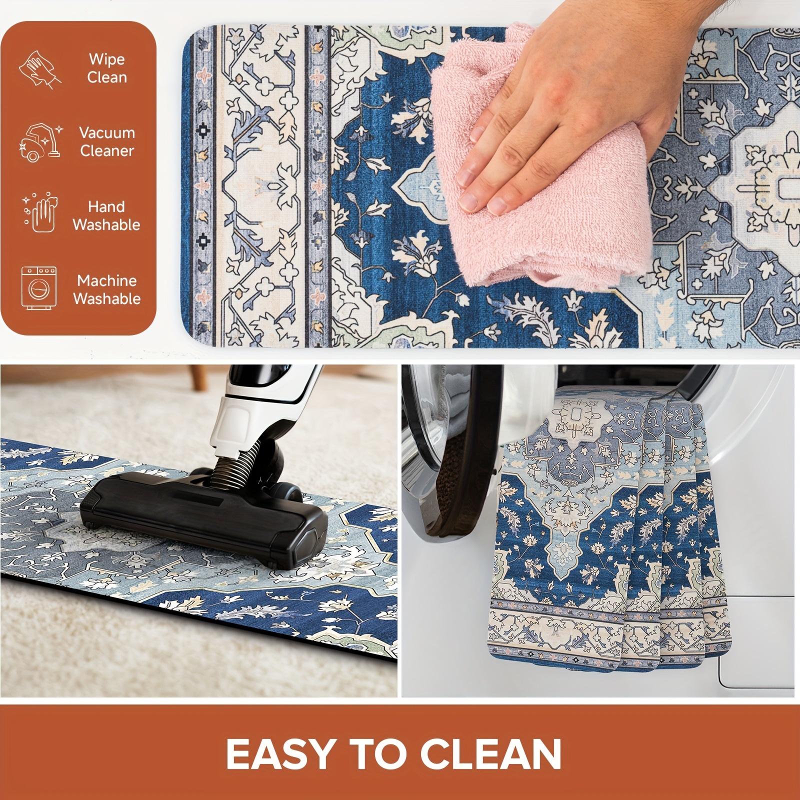 Non-Slip Stair Treads for Wooden Steps, 15PCS Boho Blue Carpet Stair Runners, Washable Stair Mats for Kids, Dogs, Elders, Indoor Stair Protectors with Adhesive, Vintage Floral Design