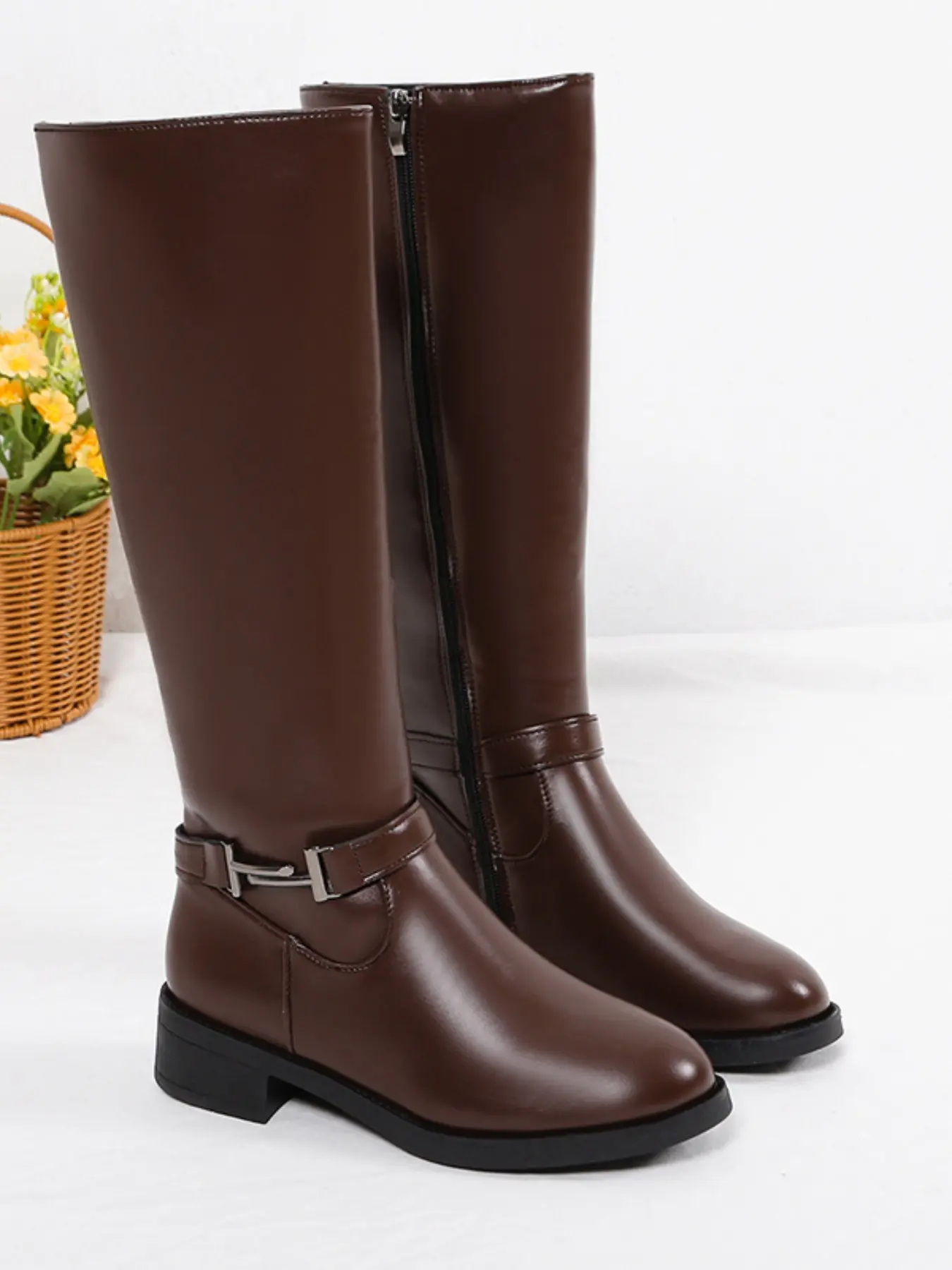 Women's Knee-High Knight Boots, Leather Round Toe Low Heel Side Zipper Buckle, Autumn Winter Straight Leg High Top Boots, Fall Winter Boots