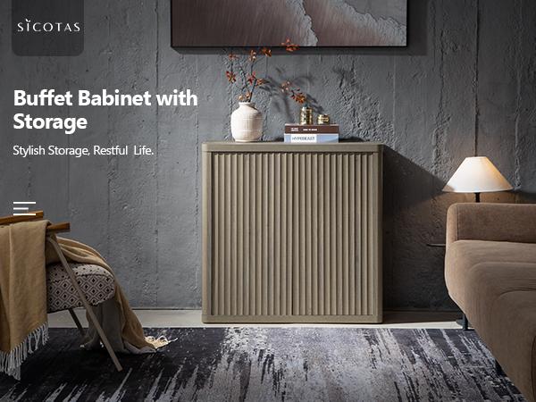 SICOTAS Buffet Cabinet with Storage Sideboard, 34.6" x 15.4" x 34.2" Size Accent Modern Credenza with Doors & Shelves Fluted Media Console Wood Mid Century Coffee Bar Table for Living Room Kitchen Dining Room Hallway, Durable