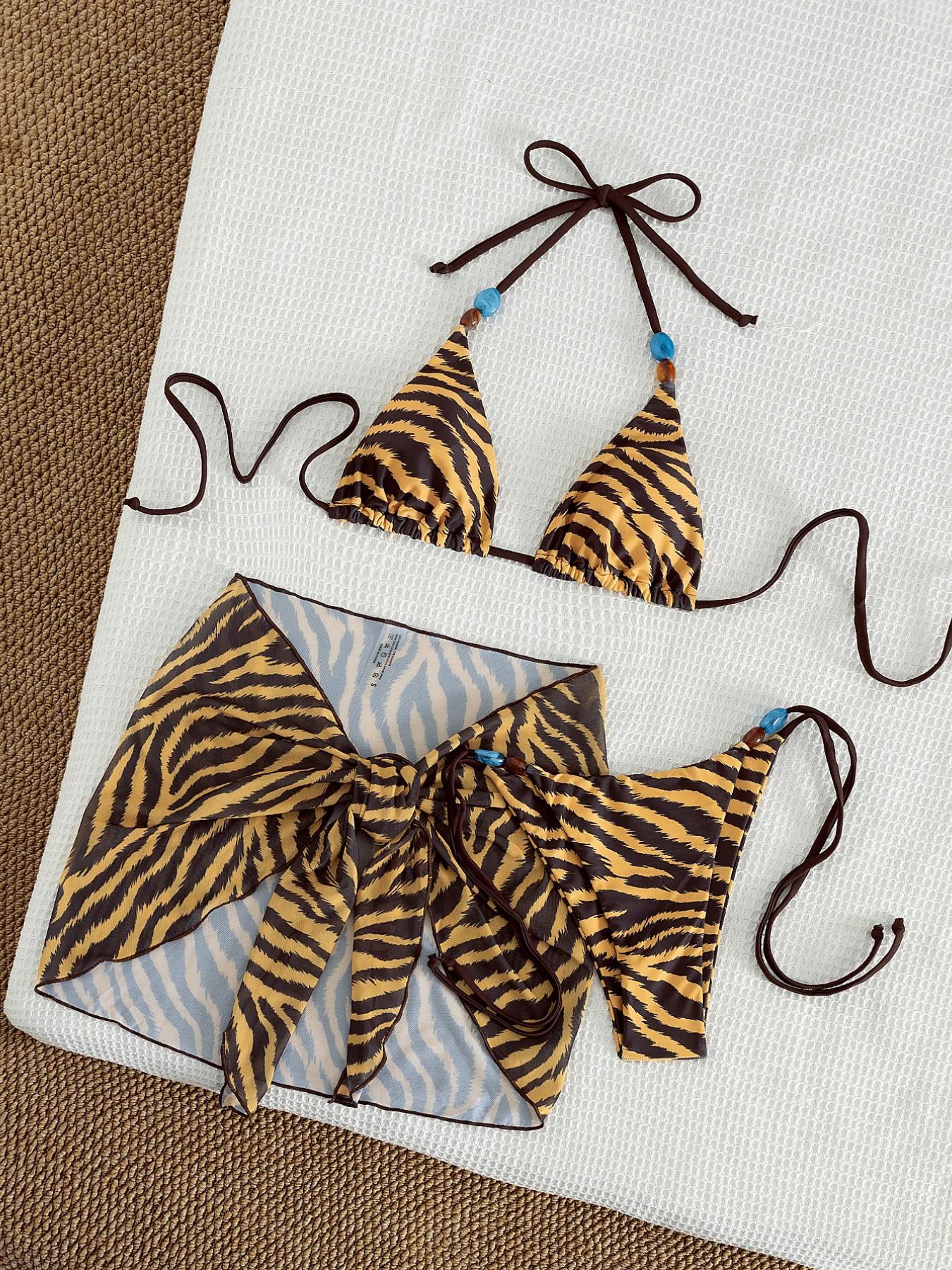 Women's summer beach brown three-piece tie back bikini suit, tiger skin print triangle halter top and side lace-up bottoms plus mesh skirt, seductive sexy swimsuit suitable for women, holiday pool party fashion swimsuit, Wrapped Bikini Set