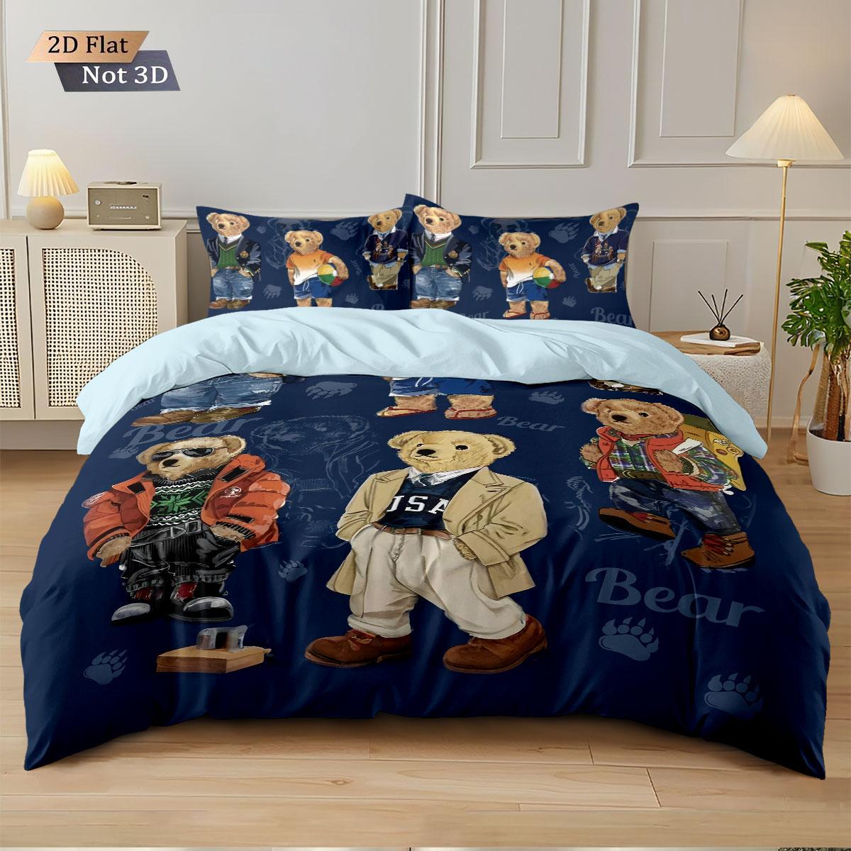 3pcs COOL BEAR Print Soft Bedding Set with Includes 1* Duvet Cover and 2*Pillowcases, No filling，Perfect for Patriotic Bedding Gift, Home Decor, Bedroom Accessories