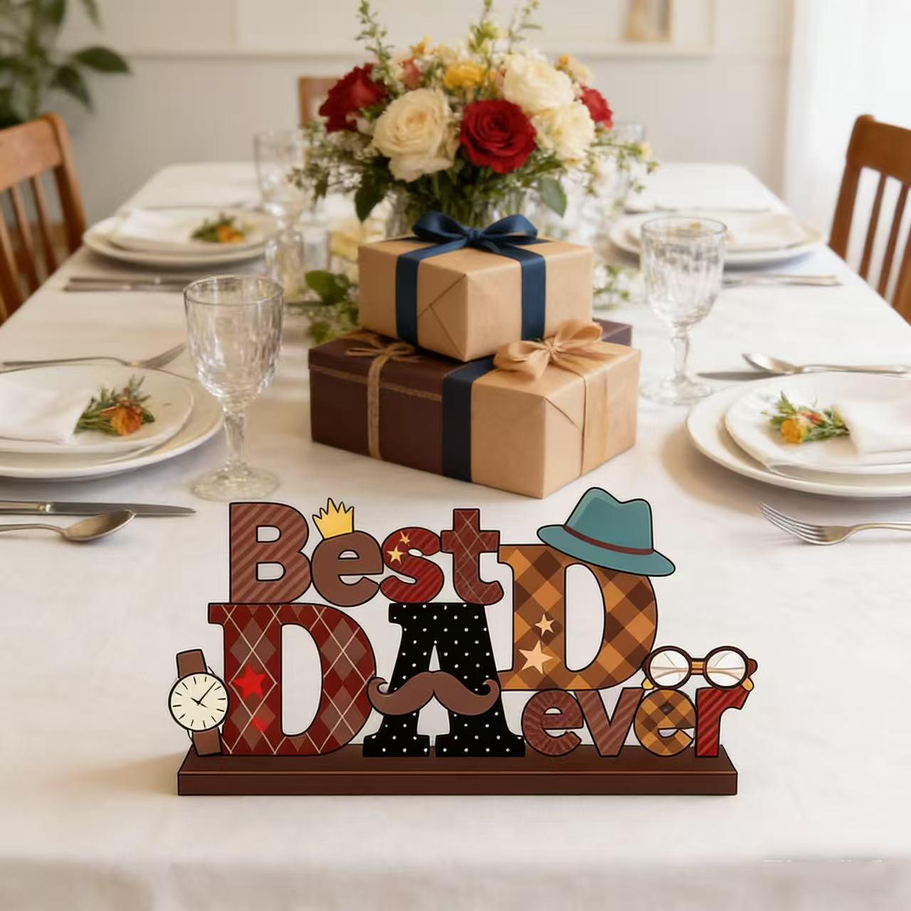 2D Flat Father's Day Table Decor, European Style Wooden Centerpiece, Desktop Sign Decoration, Perfect for Father's Day Party Supplies