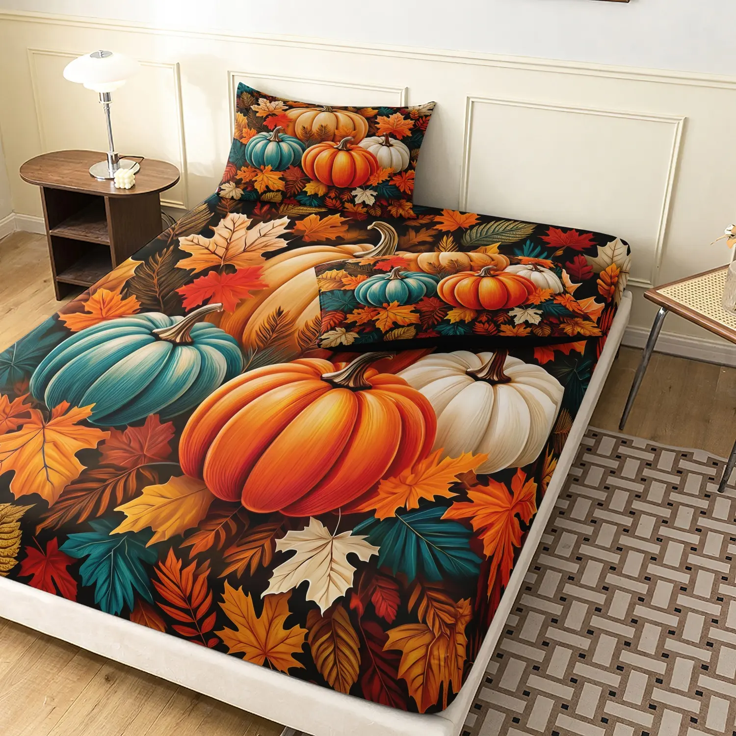 3 Pieces Colorful Pumpkin Maple Leaf Print Fitted Sheet Set, Teal Orange White Pumpkin Autumn Fall Harvest Print Bedding, Soft Microfiber Farmhouse Thanksgiving Bedroom Decor (1 Fitted Sheet + 2 Pillowcases, No Pillow)