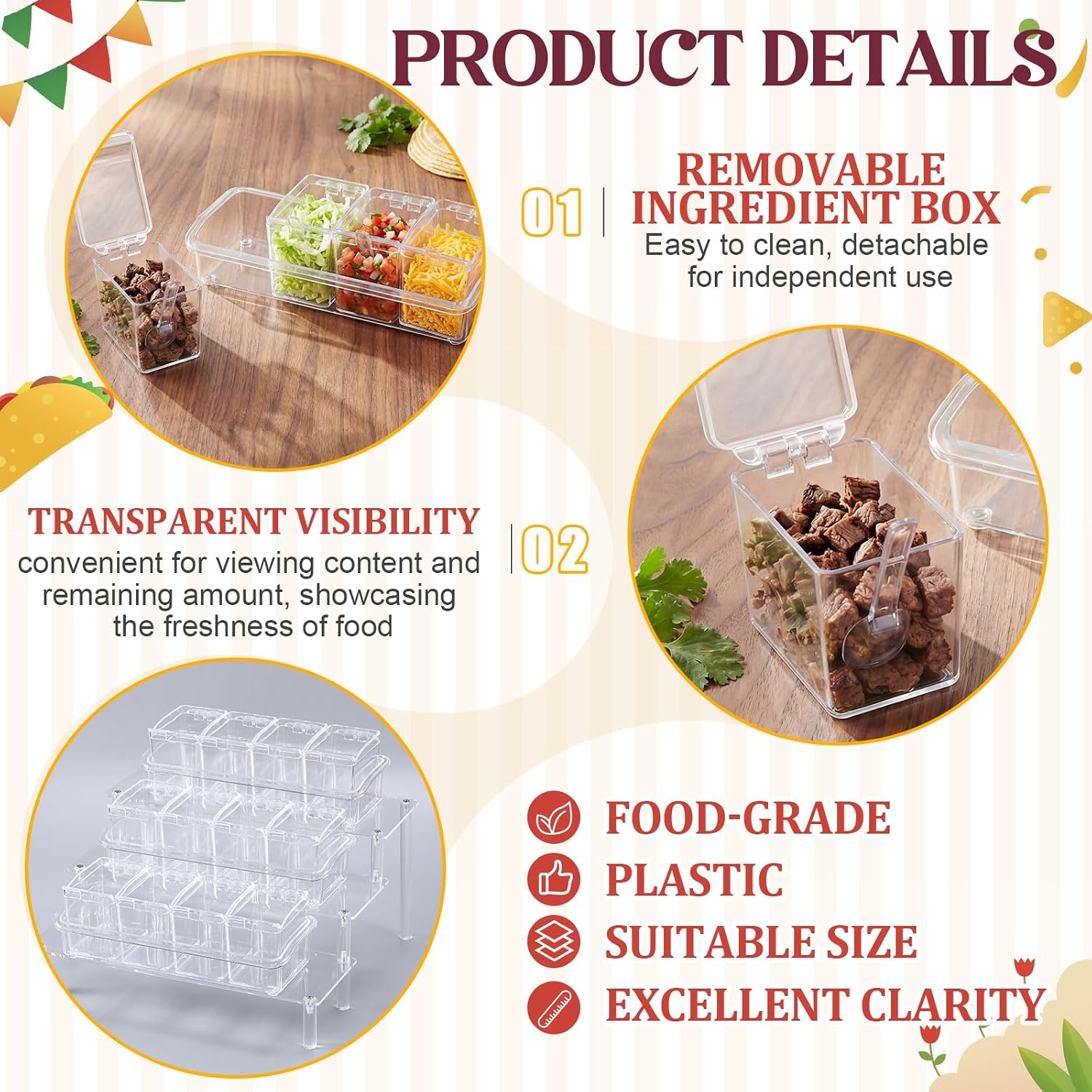 3 Sets Clear Ice Cream Toppings Containers with  and Spoons Condiment Boxes with  Rack Taco Bar Serving Set for Mexican Burrito Toppings  Salads (4 Cell)