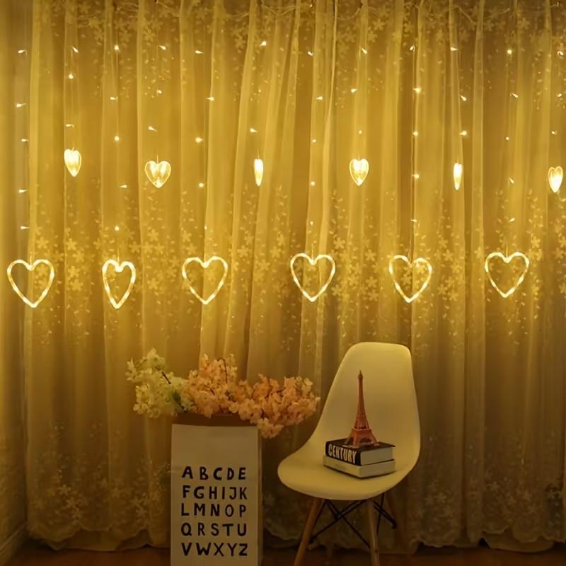 Valentine's Day LED Heart Curtain Light, Hanging Romantic Atmosphere Lamp for Bedroom Living Room Proposal Holiday Party Decoration, LED Lights