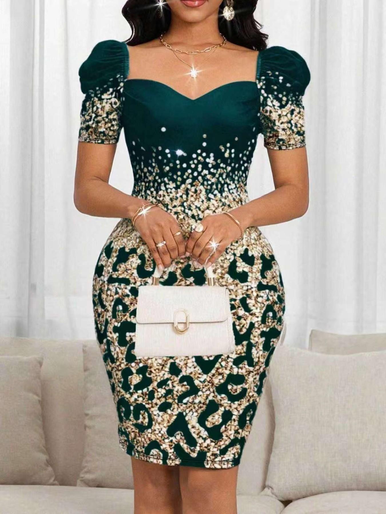 Summer Leopard Print Bodycon Dress, Knee-Length Gradient Print Bubble Sleeve Dress, Elegant Party Dress, Wedding Guest Wear, Ffsp097