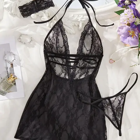 Women's Sexy Elegant Strapless Lace Sheer Nightgown Set, Soft Seductive Nightwear, Romantic Healing Style, Semi-Transparent Fabric, Suitable for All Seasons, Loungewear