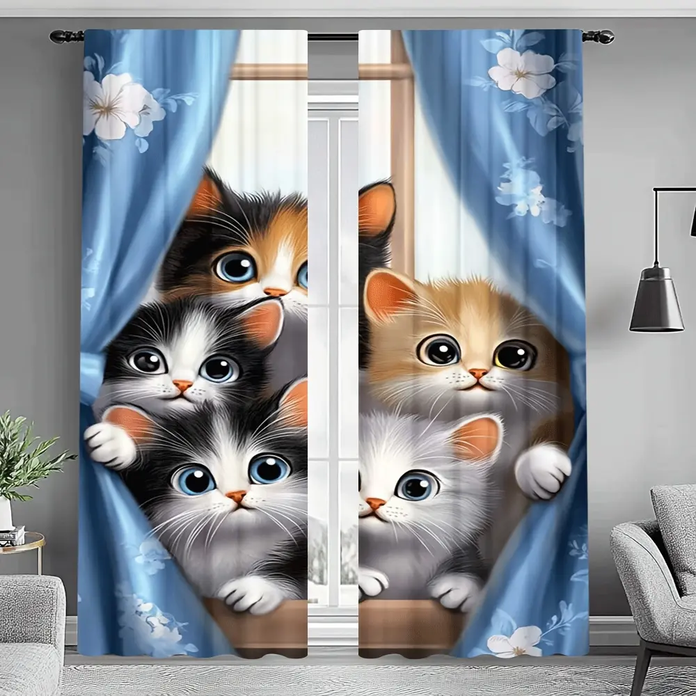 2pcs Curious Cat Print Dark Room Curtains - Lively cat design with blue floral pattern, semi-transparent polyester fiber, perfect for living room, bedroom, study, and home decor, living room curtains rustic farmhouse style machine washable holiday decor n