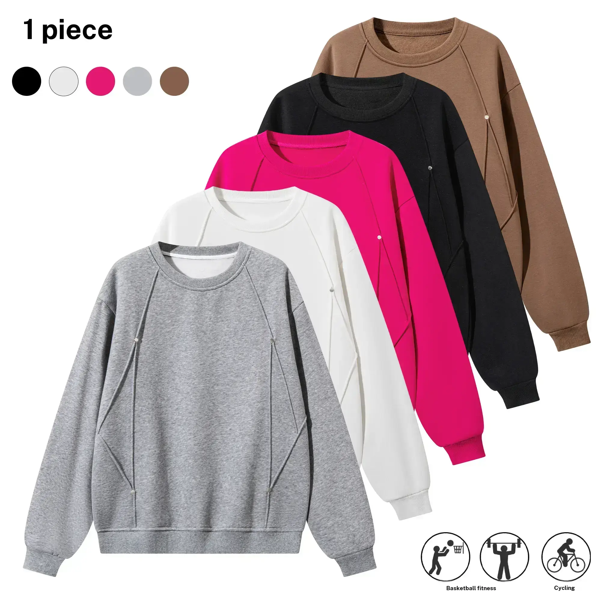 Men’s Round Neck Aesthetic Fleece Longsleeve Athletic Sweatshirt - Geometric Stitching, Metal Studs, Loose-Fit Casual Pullover Tops - Machine Washable for Street Wear, Outdoor Activities - Menswear Fall Clothes, Longsleeves, Poly-Cotton