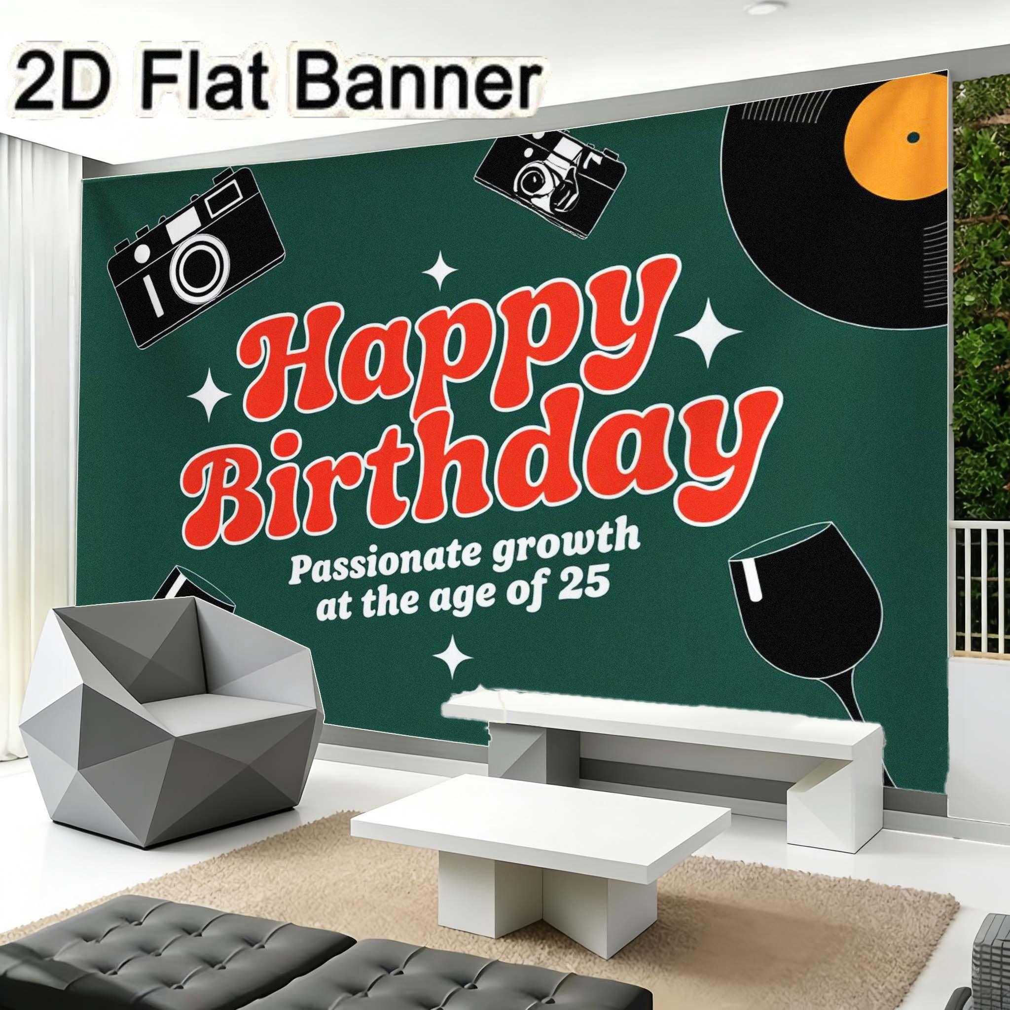 2D flat banner, 1pc25th Birthday Retro Party Backdrop, Red & Green Festive Background with Vinyl, Cameras, Wine Glasses, Star Decorations for 25th Birthday Party Decor