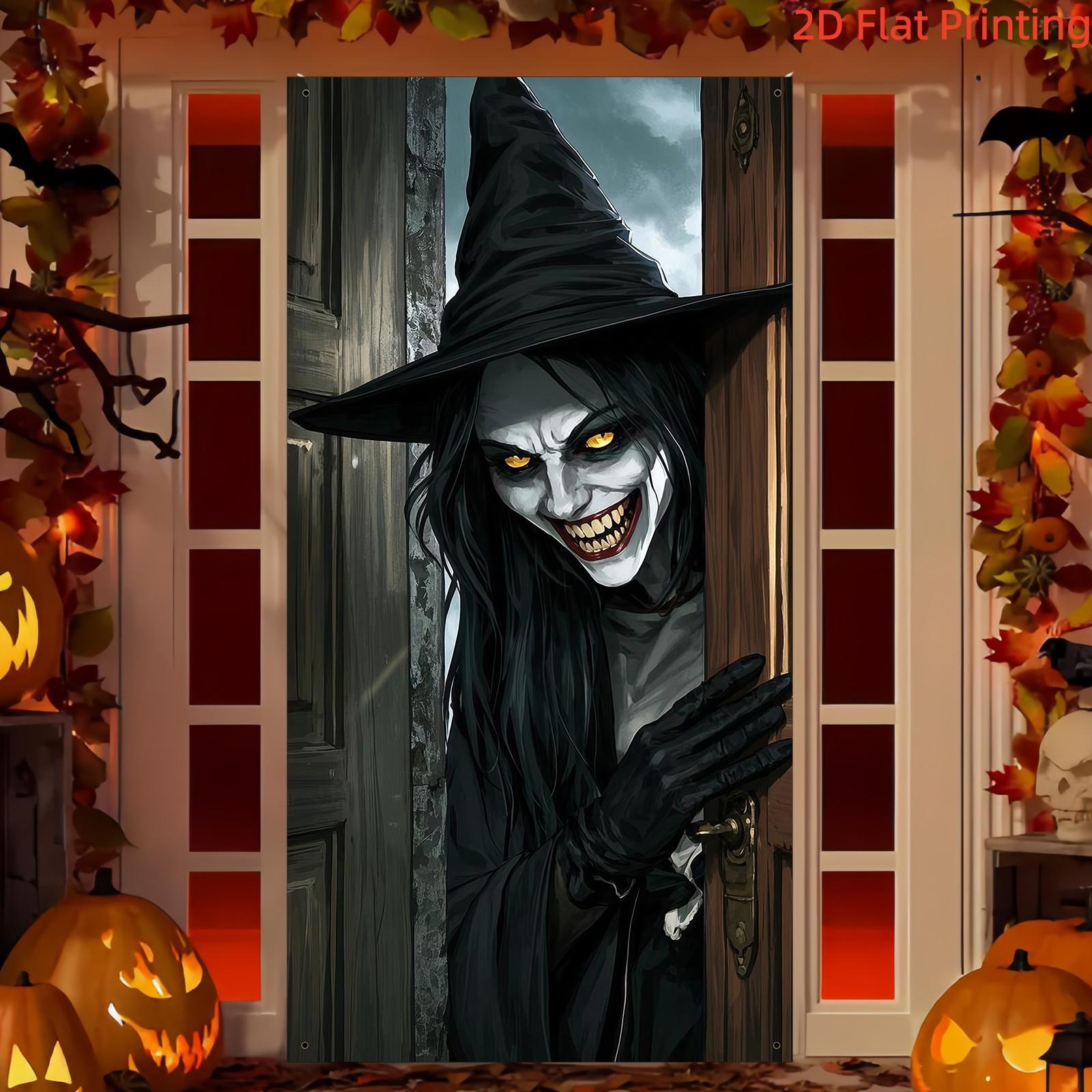 2D Flat Banner 1pc Halloween Horror Witch Door Curtain Dark Wind Printed Background Fabric, Haunted House Party Entrance Decoration Hanging Cloth, Polyester Material, Decorative Banner
