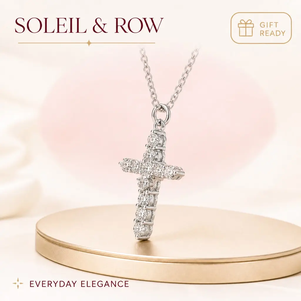Fashion Jewelry Rotatable Full-Diamond Cross Crown Necklace - Gold-Toned, Jeweled Crown & Diamond Cross Style, Diamond Cross Necklaces, Gold-Toned Cross Necklaces