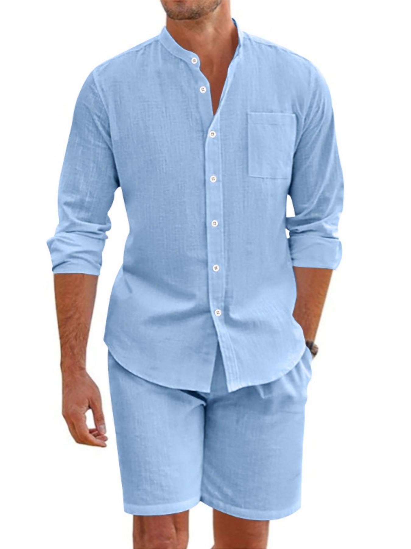 Men's Summer Linen Plain Button-Up Shirt Long Sleeve Shorts Cardigan Casual Loose Beach Set, 2026 Cross-Border Fashion