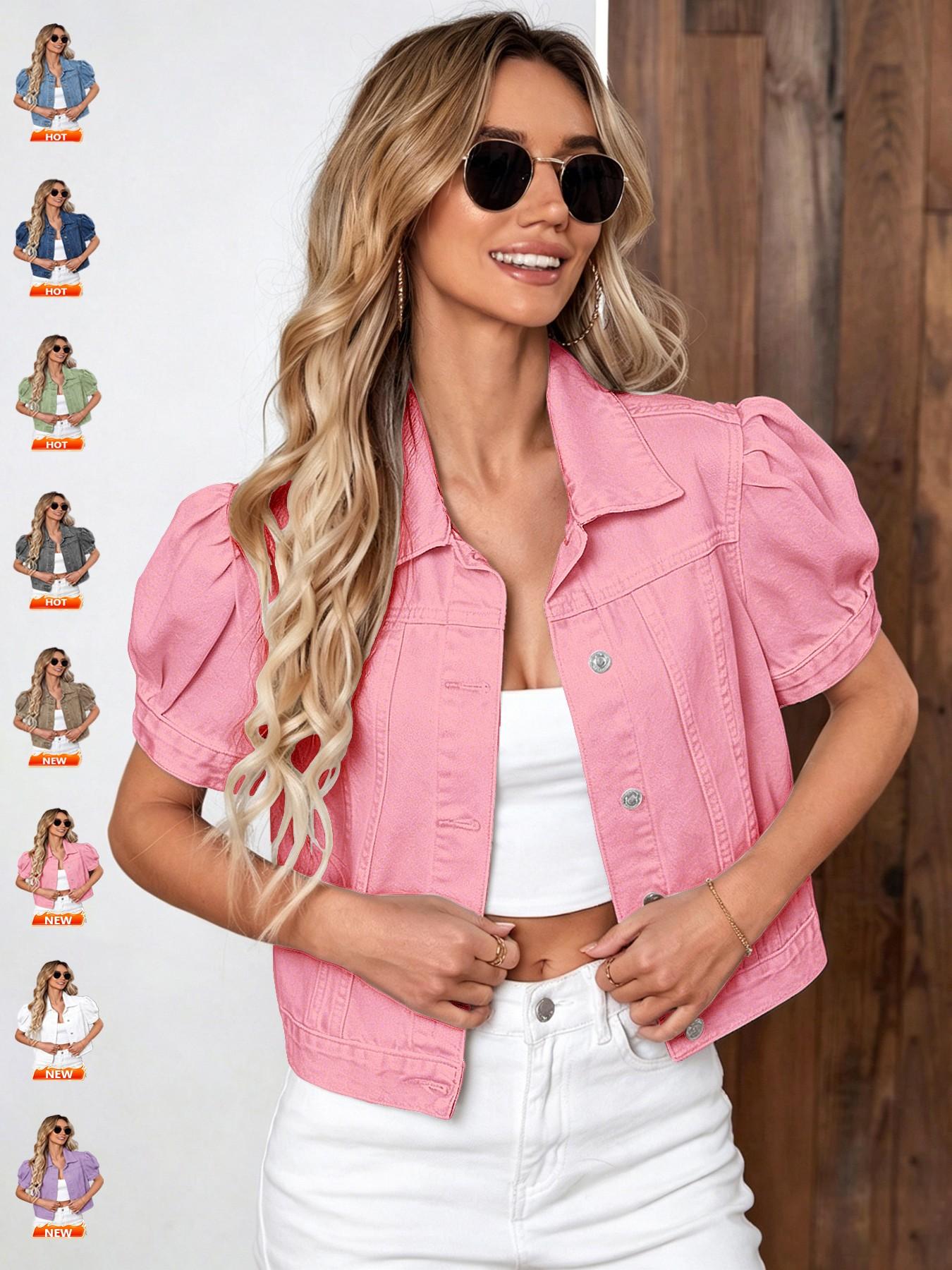 Women's Vintage Bubble Sleeve Light Wash Denim Jacket, Summer Lightweight Thin High Waist Crop Top, Casual Fashionable Fit Short Cropped Jean Coat for Women Women's Vintage Bubble Sleeve Light Wash Denim Jacket, Summer Lightweight Thin High Waist Crop Top, Casual Fashionable Fit Short Cropped Jean Coat for Women
