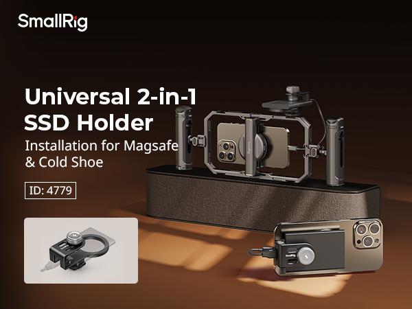 SMALLRIG SSD Holder 2-in-1 SSD Mount Bracket for MagSafe with Cold Shoe Cable Clamp, Compatible with 0.3-0.6in Thick SSDs for Samsung T5 T7 SSD, for SanDisk SSD, Compatible Cage - 4779