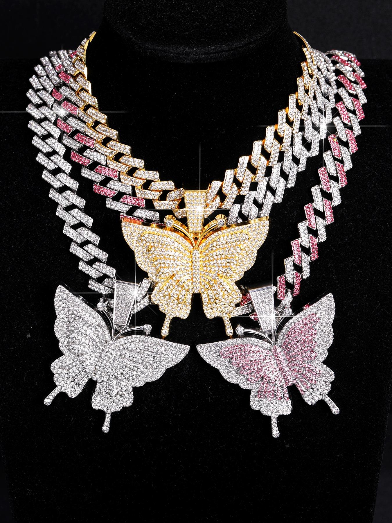 Fashion Hip-Hop Style Colorful Butterfly Pendant Necklace, Unisex Punk Bling Animal Jewelry, Ideal Gift for Friends, Daily Wear Accessory, Fashion Cool Accessories