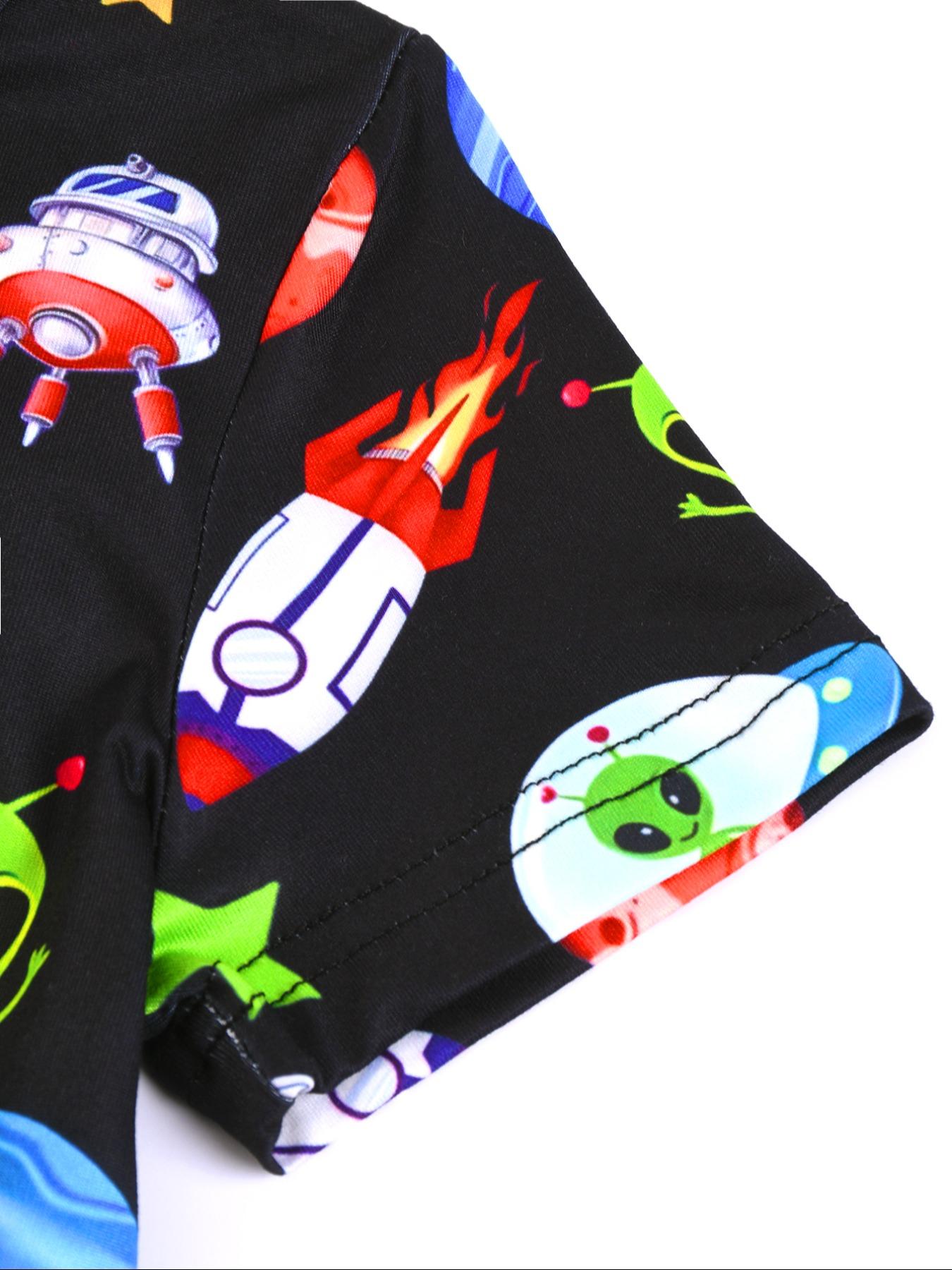 Boys Round Neck Short Sleeve Shorts Digital Print Space Planet Alien Fashion Casual Comfortable Fitted Home Sleepwear Set