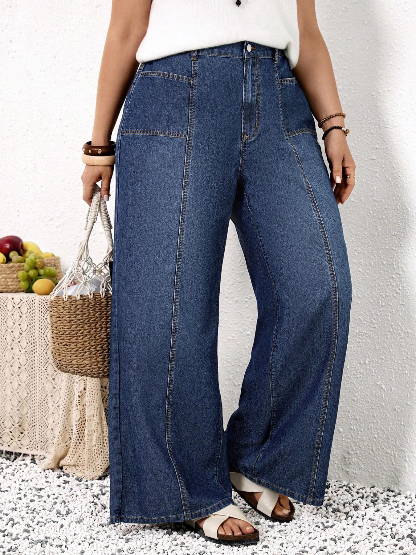 Plus Size Wide Leg Jeans for Women, High Waist Patchwork Design, Loose Fit Denim Jeans, Comfortable and Stylish