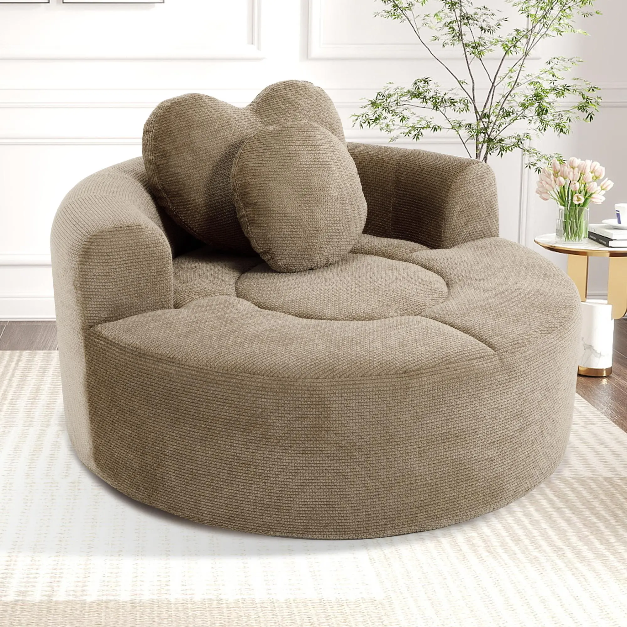 Round Sofa Bed with Memory Foam, Curved Cloud Couch for Living Room, Waffle Fabric Sectional with 3 Pillows, 55.2x55.2x25 in, Brown