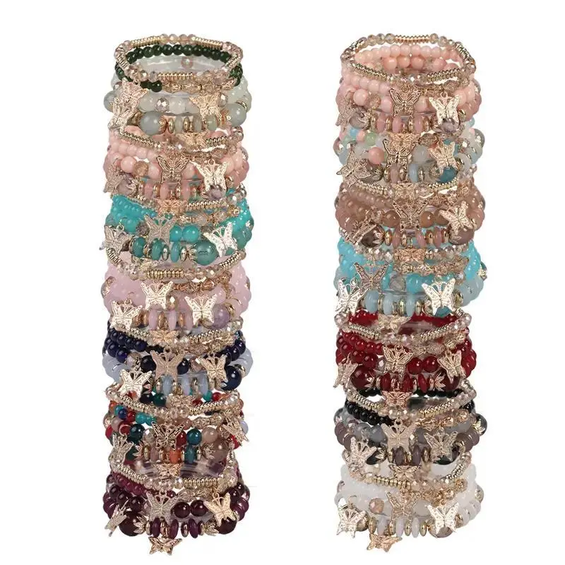 Women's 8/16/24pcs Multi-Layer Glass Beaded Bracelet Bangles With Butterfly Charm, Wrist Stack, Casual Daily Wear, Elegant Boho Festival Jewelry, Ideal Anniversary Gift, Glass Beads, Elegant Boho Festival Look