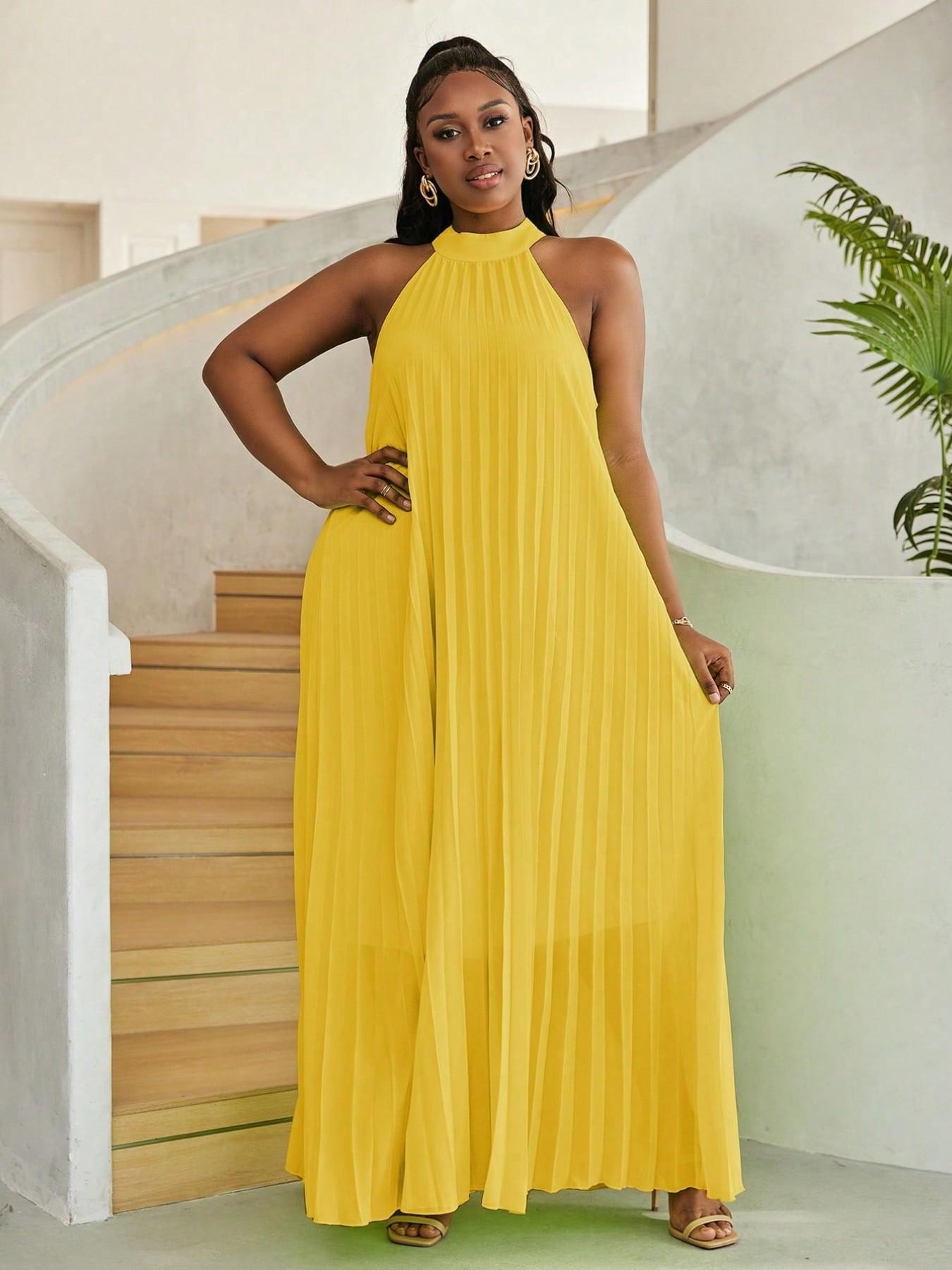 Women Plus Size Sleeveless Halter Neck Pleated Maxi Dress, Casual Loose Long Sundress for Party Vacation, Multi Color Options