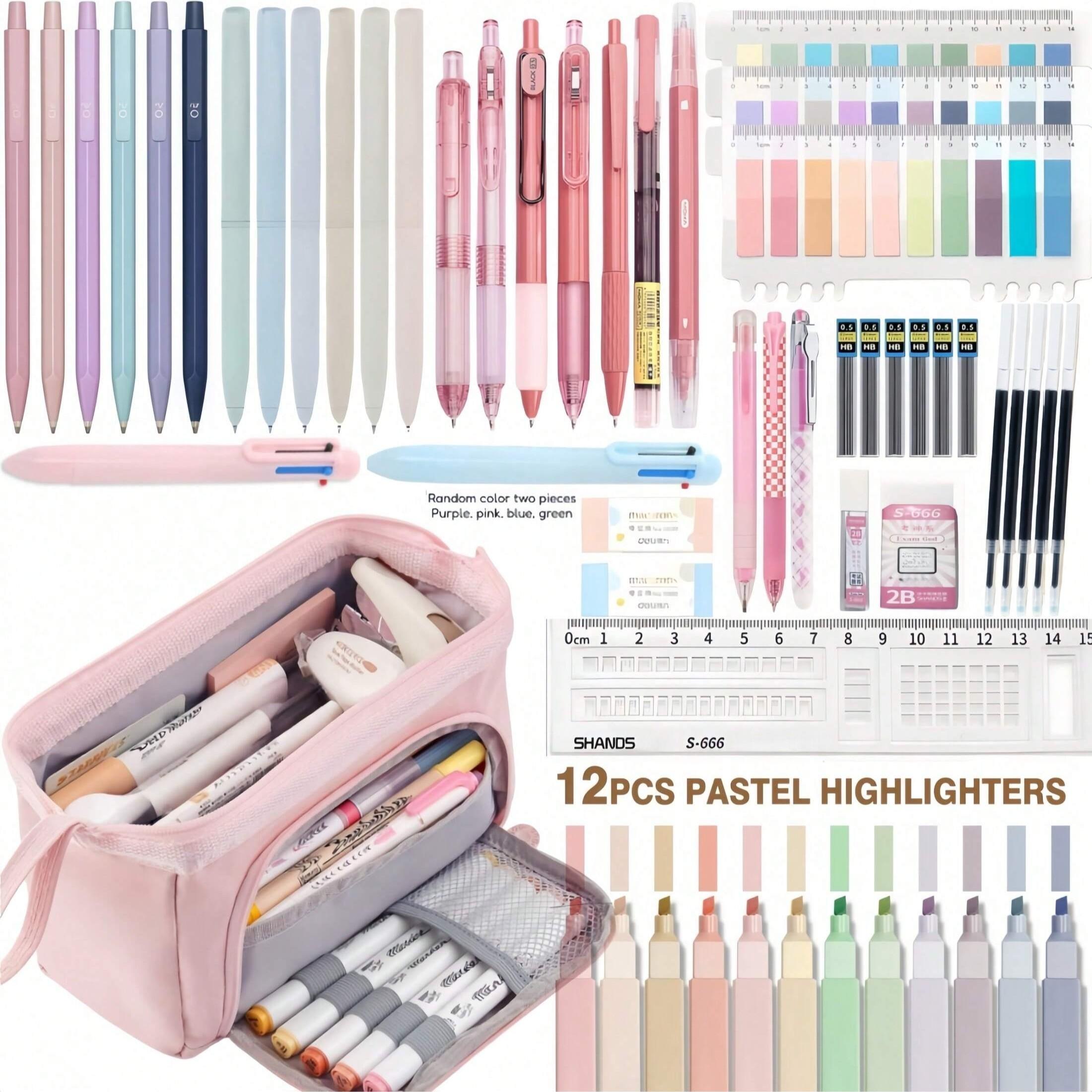 56 Pcs Aesthetic School Supplies, Cute Pencil Case, 12 Pastel Highlighters, 7 Ink Gel Pens, 6 Mechanical Pencils 0.5mm, Office & College Essentials