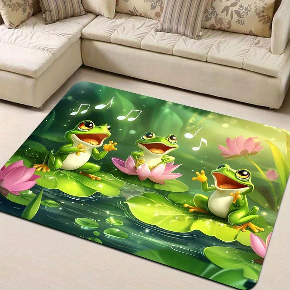 Machine Washable Polyester Frogs Singing Cartoon Design Area Rug - Non-Slip Rectangle Doormat for Living Room, Bedroom, Bathroom, Kitchen - Indoor Decorative Floor Mat with PVC Backing