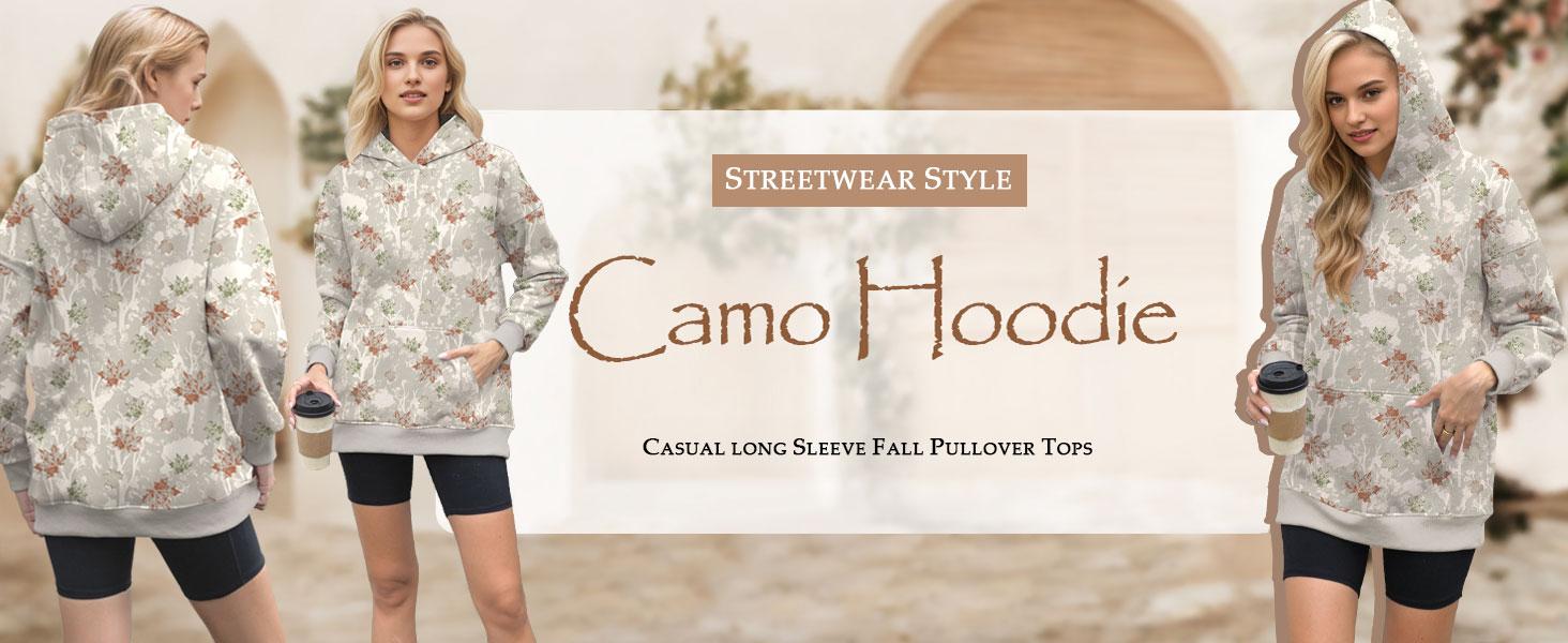 ETCYY Women’s Oversized Camo Fleece Hoodie – Casual Womenswear Camouflage Long Sleeve Sweatshirt with Kangaroo Pocket, Soft Viscose Blend Comfort, Drop Shoulder Crewneck Top, Cozy Maple Floral Print in Khaki for Fall/Winter