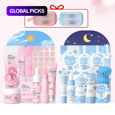 Sakura Milk Day & Night Moisturizing Skincare Set, Facial Care Set, Including Cleanser, Toner, Patches, Lip Balm, Face Cream, Sunscreen, Exfoliator, Eye Cream and Mask, Rejuvenating Skin Care Spa Gift Set #GLOBAL PICKS