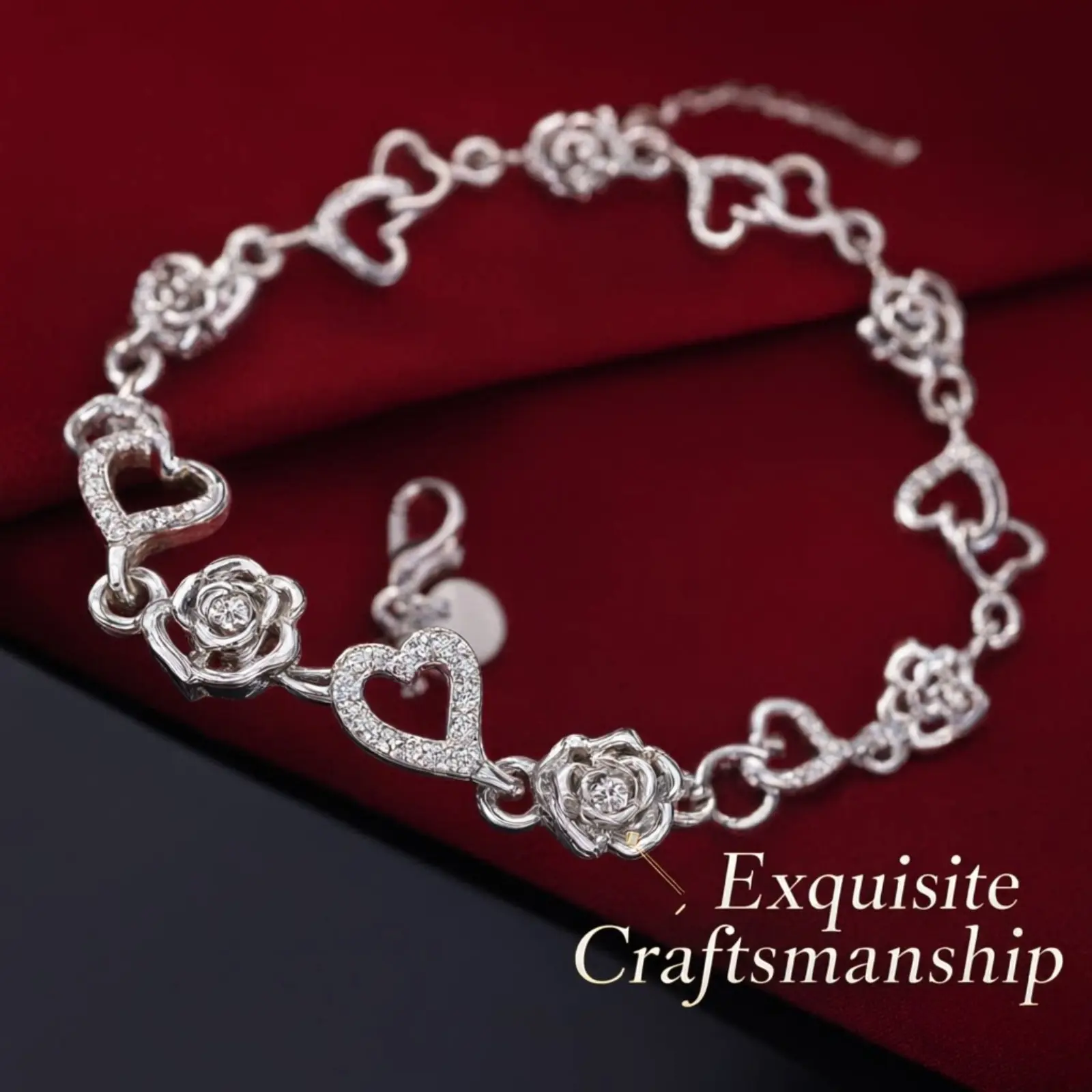 Women’s 925 Sterling Silver Heart Flower Chain Bracelet, Dainty Delicate Fashion Jewelry, Stackable Wrist Accessory for Wedding, Bridal, Date Night, Party & Daily Casual Wear