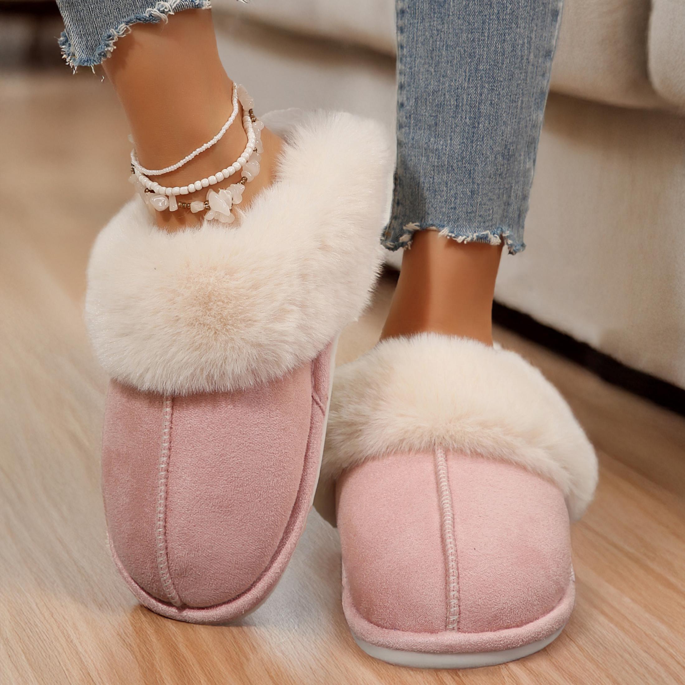 Warm Women's Plush Fleece-Lined Slip-On Moccasin with Fluffy Detail - Non-Slip Winter Home Slippers on Flat Platform Sole. So Cozy