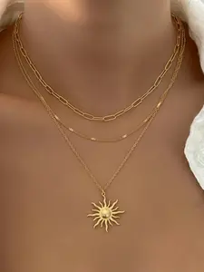 Trendy Vintage! Stainless Steel Three Layer Sun Pendant Necklace - Multi Strand Chain for Women Layered Necklaces