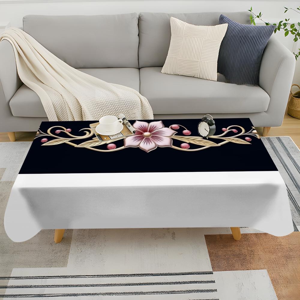 JIT 1pc 2D flat vintage black and white floral pattern rectangular tablecloth, for kitchen, living room, and dining table, kitchen accessory, party, room & outdoor decorative tablecloth, a tablecloth gift for friends