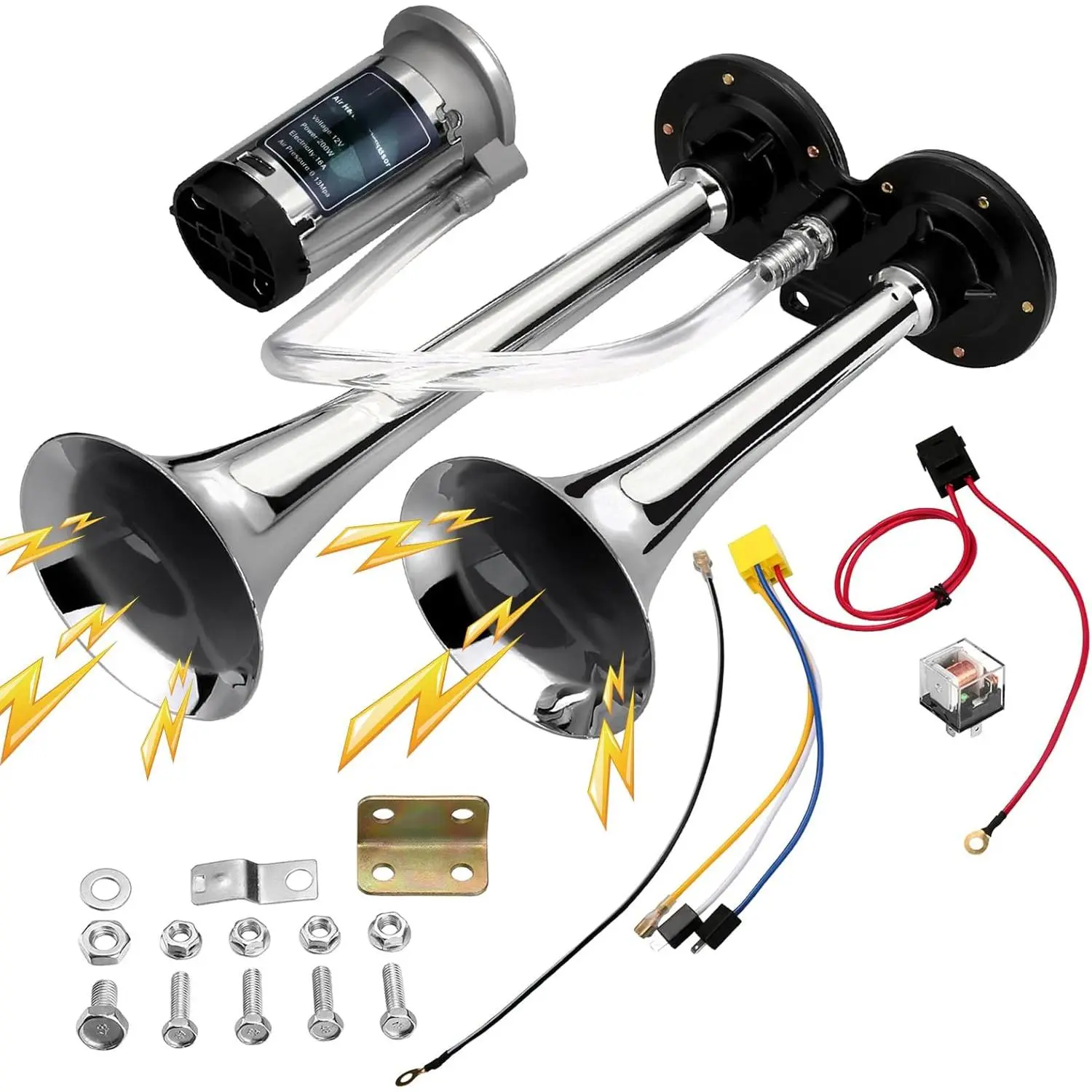 12V Super Loud Dual Trumpet Air Horn Kit 150db, Train‑Style Air Horn with Compressor for Car Truck Motorcycle Pickup Boat All 12V Vehicles