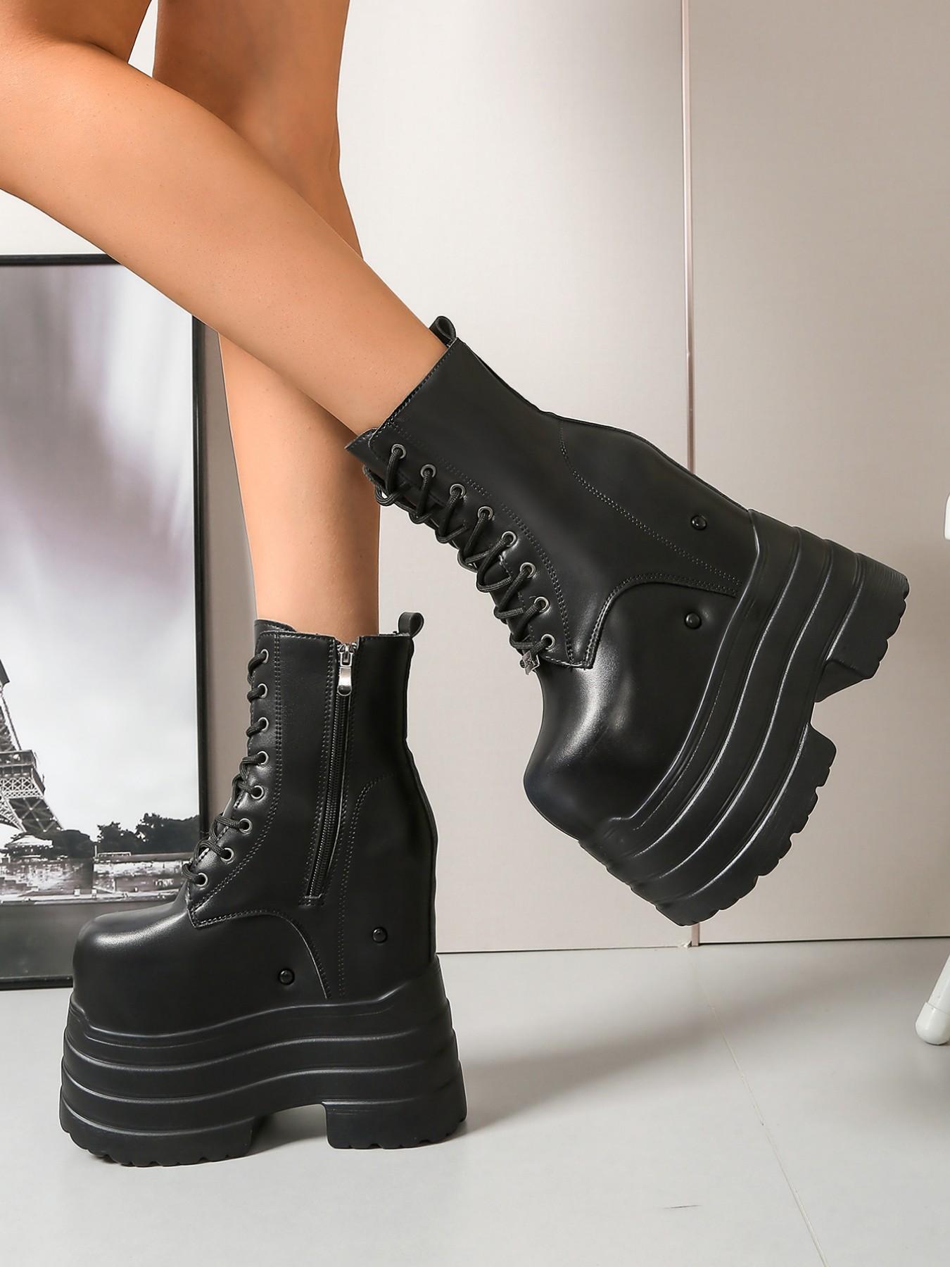 Women's 17CM Ultra Height Boost Platform Combat Boots | For Cosplay Anime Convention | Gothic Punk Y2K Style | PU Leather Lace-Up Non-Slip Lug Sole Round Toe | For Comic Con, Cosplay Event, Rave Festival, Alt Outfits