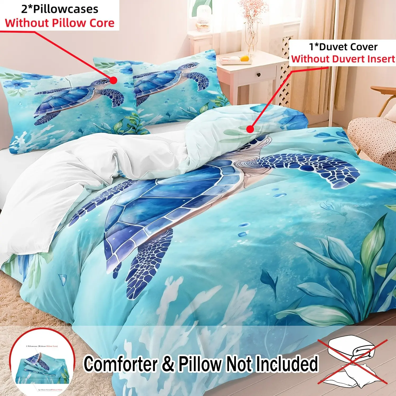 3pcs Set Tropical Ocean Turtle Floral Duvet Cover, Comfy Bedding Set, Blue Underwater Scenery Bedding With Sea Creature Elements, For Beach-Themed Bedroom, Youth Dorm, Resort Hotel & Home Use (1 Duvet Cover + 2 Pillowcases, No Comforter, No Pillow)