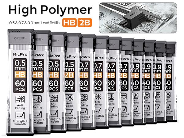 Nicpro 0.5 & 0.7 & 0.9 mm Metal Mechanical Pencil Set with Case, 6 PACK MP1000 Artist Lead Pencil with 12 Tubes HB & 2B Lead Refills, 3 Erasers For Architect Art Writing Drafting Sketching Drawing