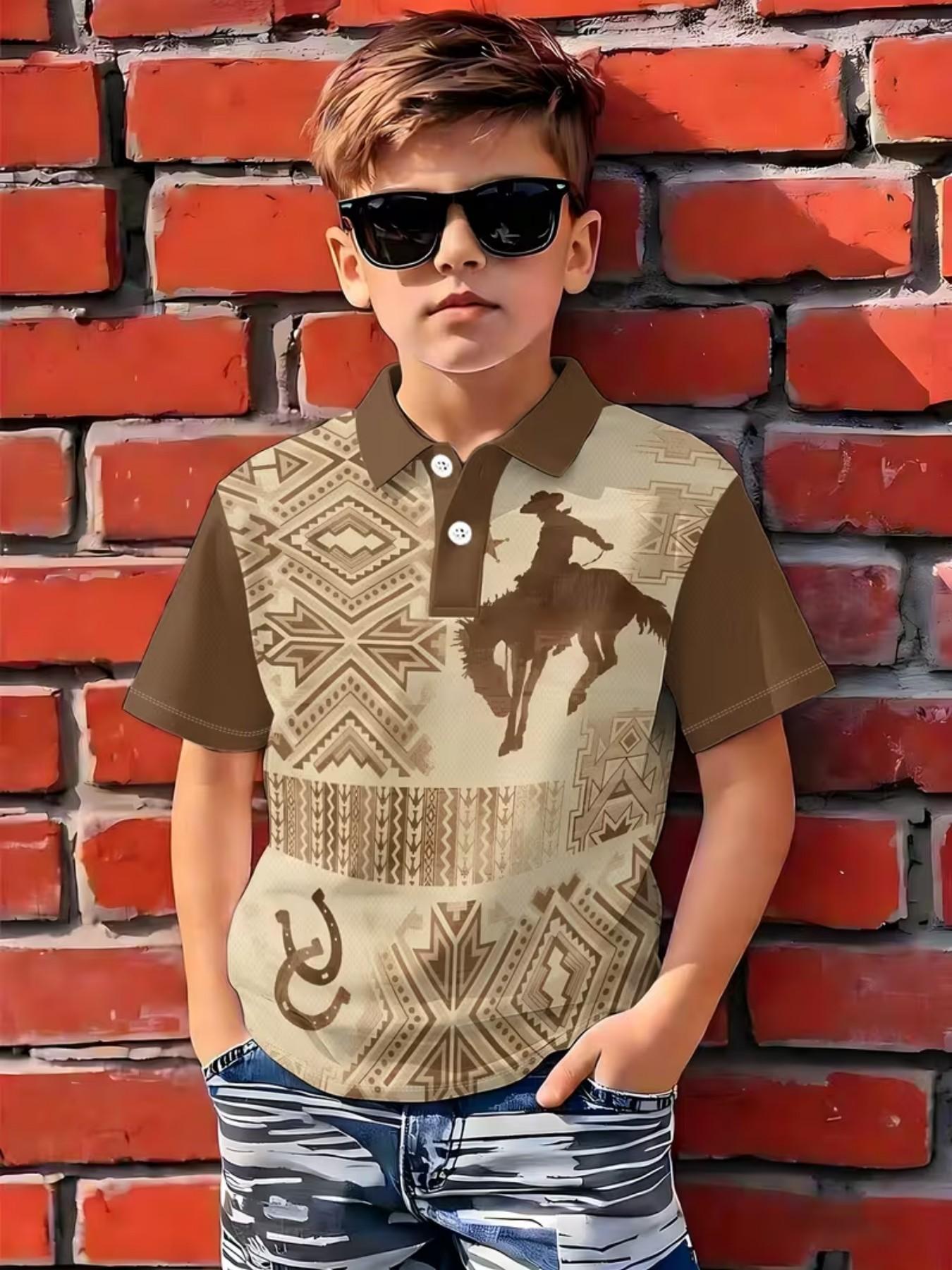 Fashion Short Sleeve Polo Shirt, Loose Fit, Horse Print, Boys' Summer Top, Breathable and Comfortable Kids Clothing