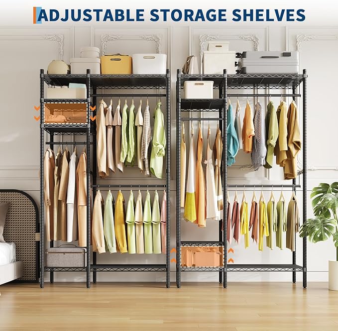 Clothing Racks for Hanging Clothes,Heavy Duty Clothes Rack with Shelves,Portable Closet Racks 4 Tiers Freestanding Closet Wardrobe System, Max Load 850 LBS