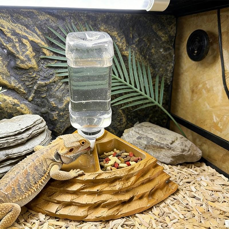 Automatic Feeder and Waterer for Reptiles, Resin Material, Lizard Snake Gecko Tortoise Rock-Like Drinking Bowl, Includes Plastic Bottle