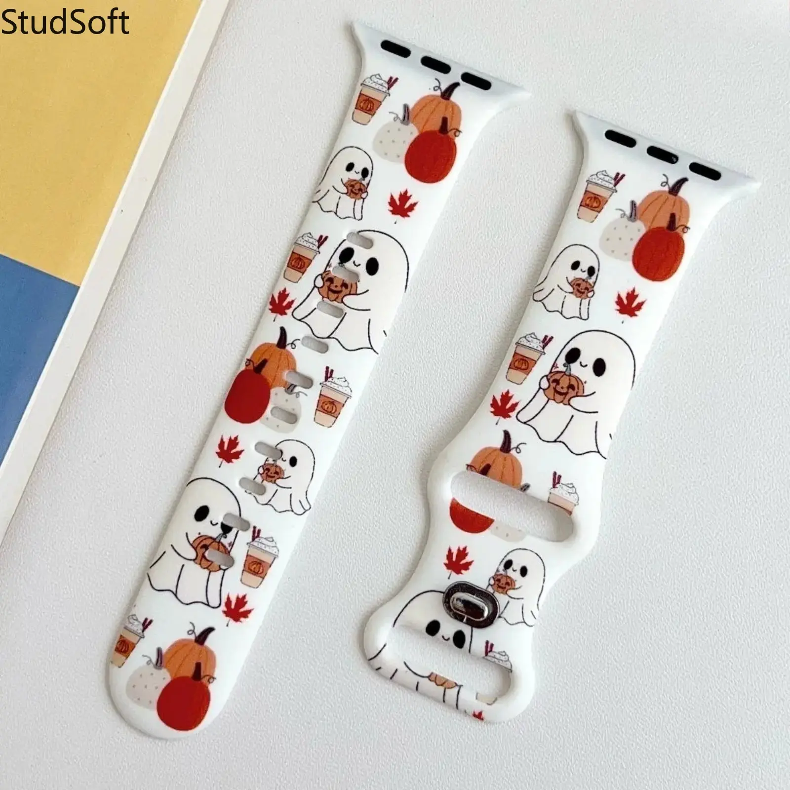 Halloween Silicone Watch Band Cute Ghost Pumpkin Printed Wrist Strap Compatible with iWatch Series 11 10 Ultra 2 SE Soft Sport Bracelet for Fall