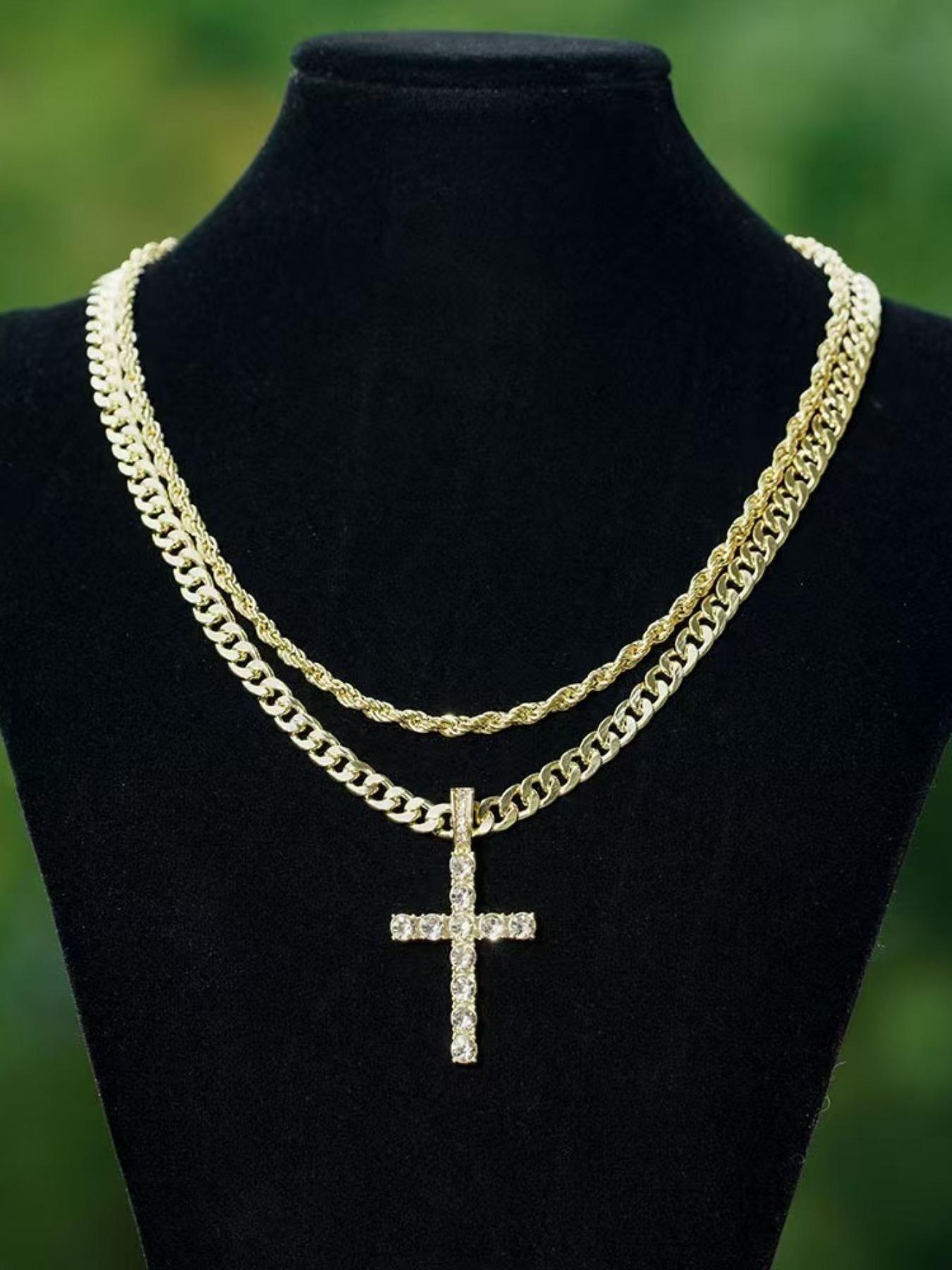 3pc Luxury Ice Zircon Cross Pendant Set, Faith Pendant Necklace, Cuban Link Design Chain & Braided Rope Necklace, Religious Jewelry Accessories