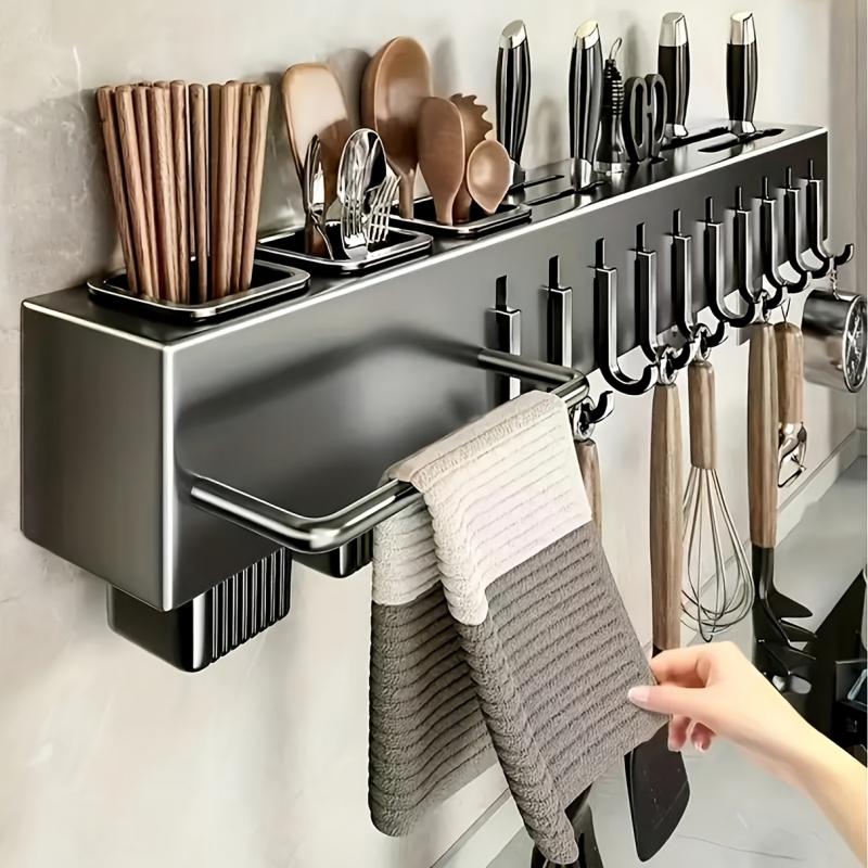 Multi-functional Wall-Mounted Kitchen Storage Rack, Kitchenware - Heavy-duty Carbon Steel Knife Holder, Japanese Knife Storage Rack, No-Drill Installation, Suitable for Storing Knives, Cutlery, and Cutting Boards in Homes and Restaurants, Space-Saving