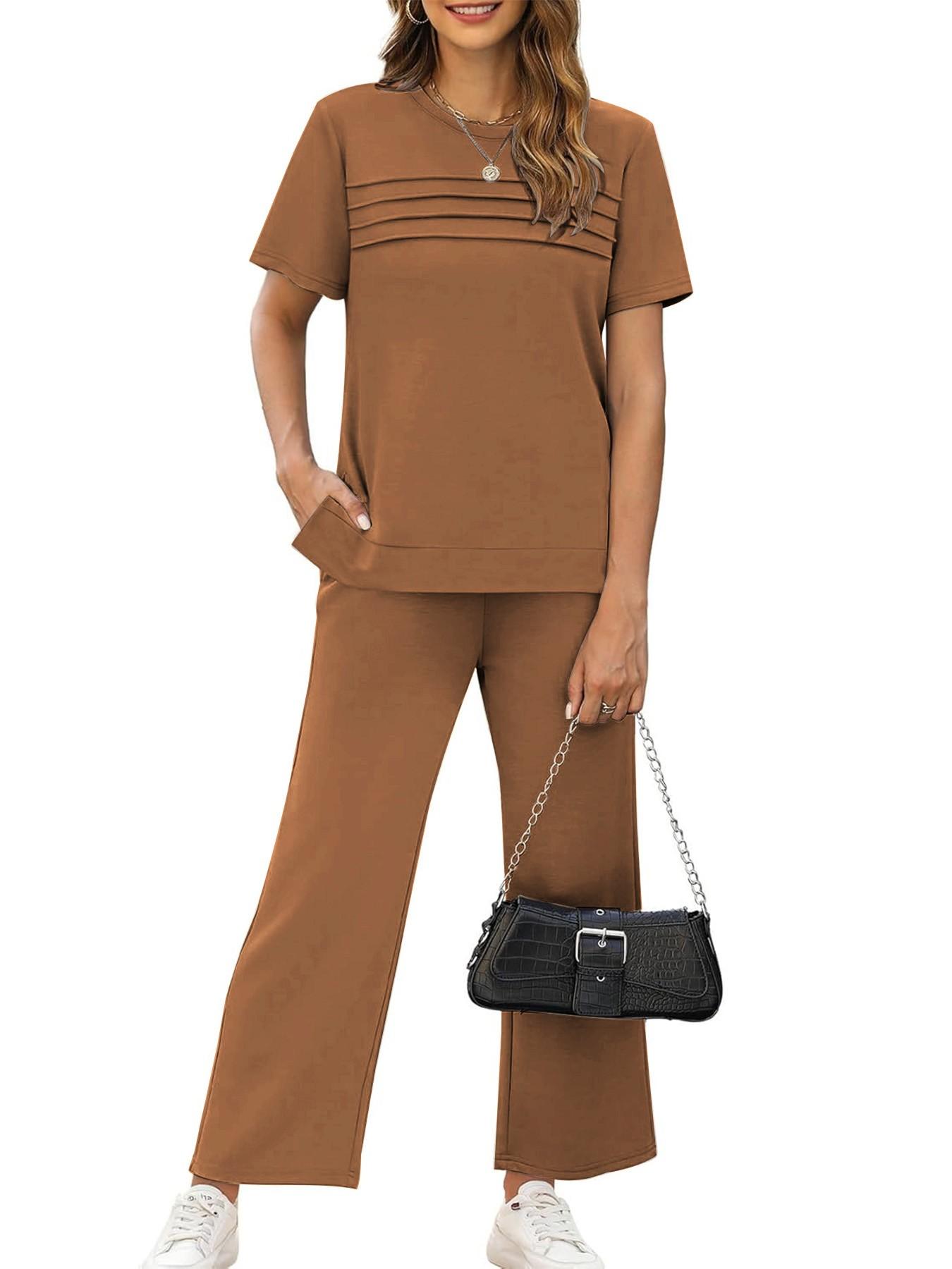 Women's 2-Piece Casual Fit Short Sleeve Pajama Set, Breathable Top + Drawstring Pants with Pockets, Fashionable for Home & Office, Loungewear, Casual Pajamas Set