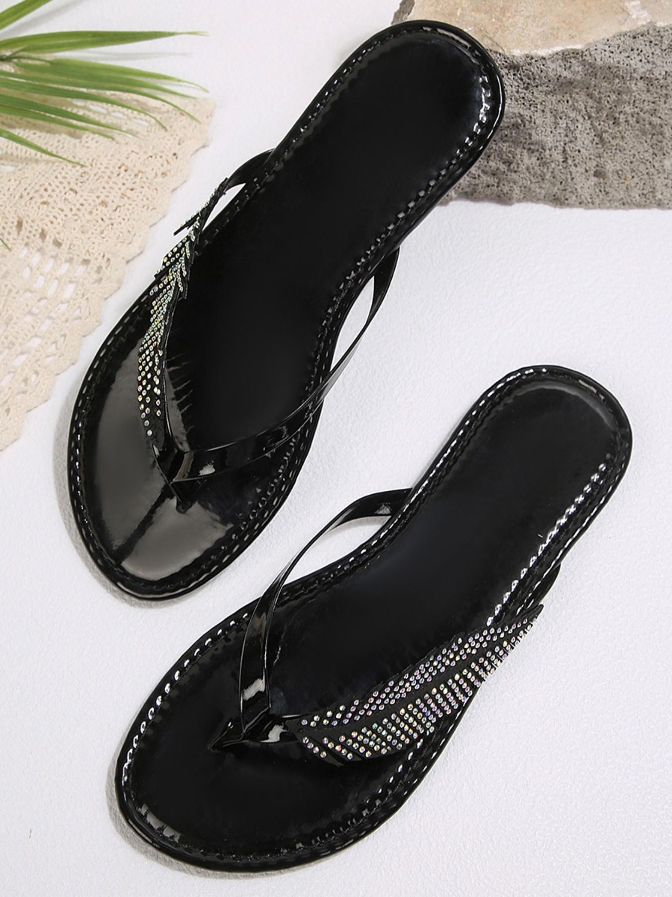 Boho Rhinestone Leaf Toe Post Sandals, / Soft Sole Flip Flops, Beach Vacation Commute Versatile, Sparkly Atmosphere, Comfortable Fit