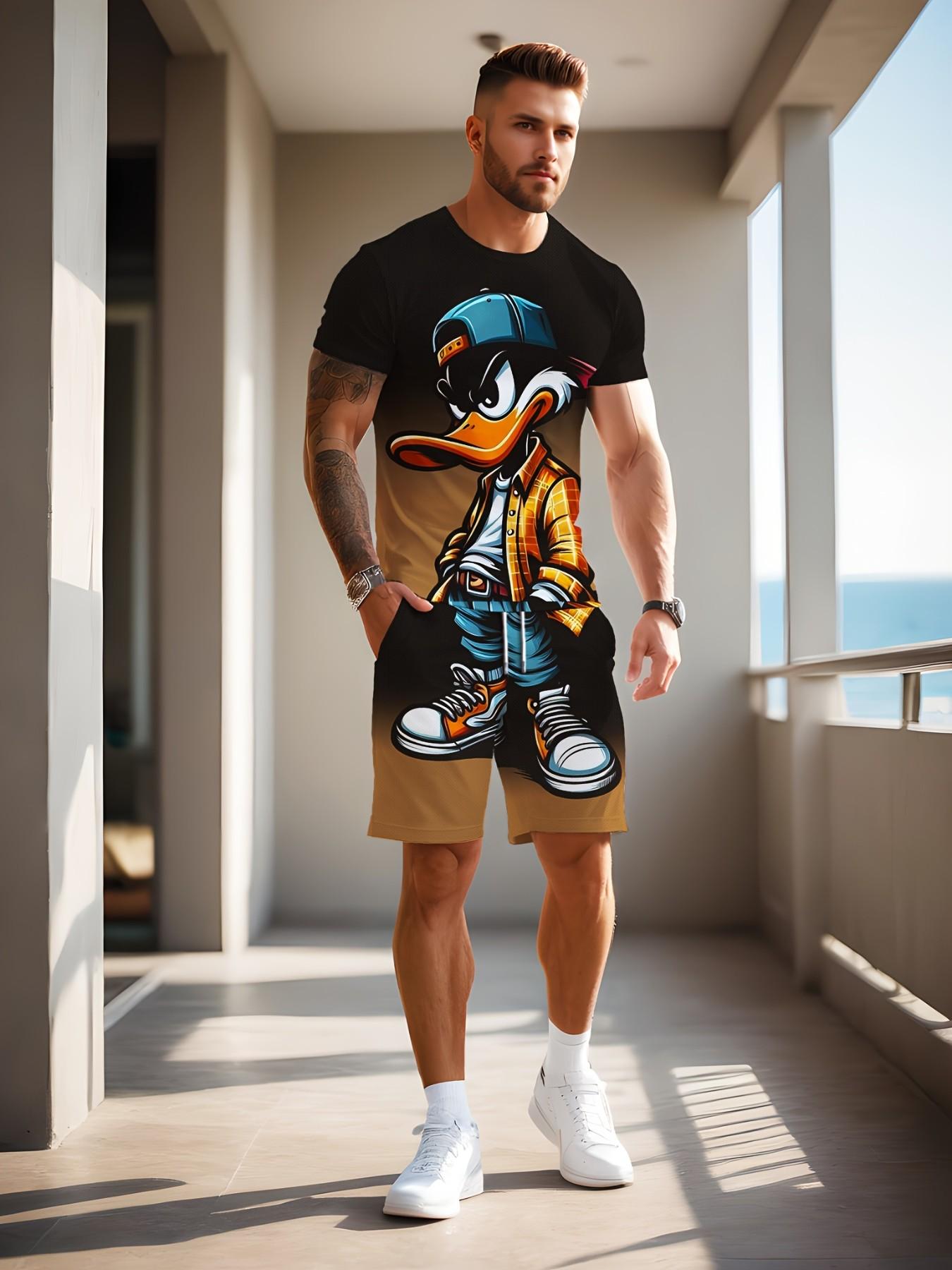 Men's Summer Gradient Patchwork Set, Cartoon Pattern Short Sleeve T-Shirt and Shorts, Breathable and Quick-Dry, Ideal for Outdoor Activities