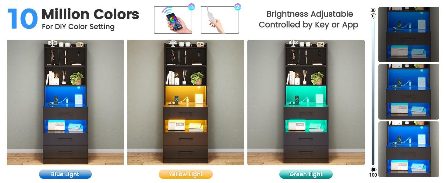 Sikaic  LED Tall Nightstand with Charging Station 3 Drawers And Bookshelf Adjustable Table